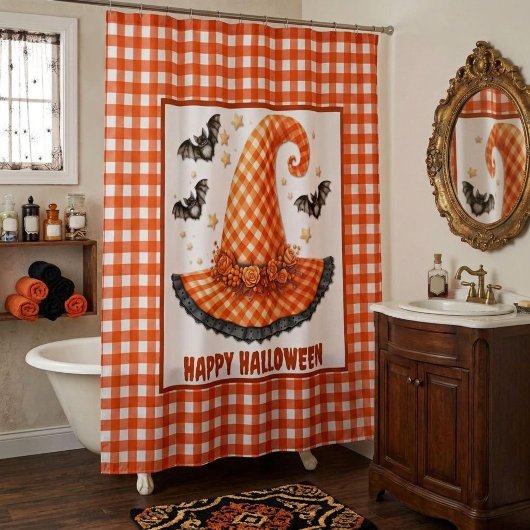 Orange Gingham Halloween Witch Hat & Bats Duschvorhang