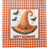 Orange Gingham Halloween Witch Hat & Bats Duschvorhang (Vorderseite)
