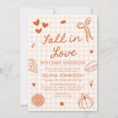 Orange Gingham Hand Drawn Fall in Love Baby Shower Einladung (Vorderseite)