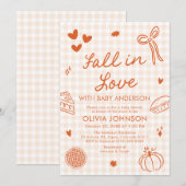 Orange Gingham Hand Drawn Fall in Love Baby Shower Einladung (Vorne/Hinten)