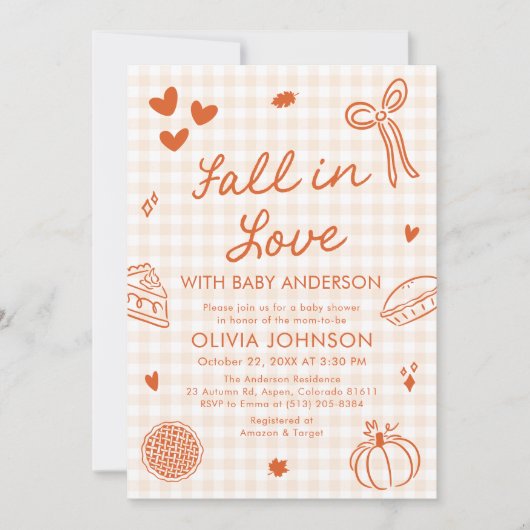 Orange Gingham Hand Drawn Fall in Love Baby Shower Einladung (Vorderseite)