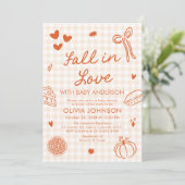Orange Gingham Hand Drawn Fall in Love Baby Shower Einladung (Stehend Vorderseite)