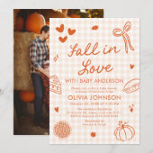 Orange Gingham Hand Drawn Fall in Love Baby Shower Einladung (Vorne/Hinten)