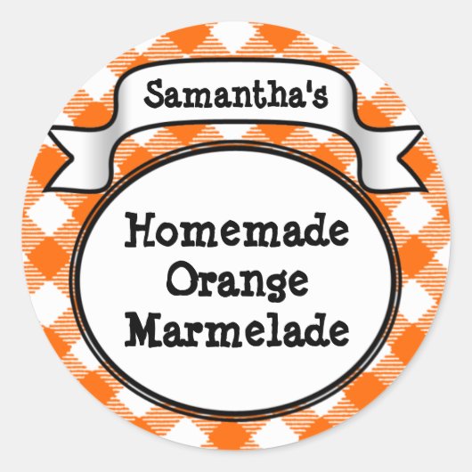 Orange Gingham Marmelade, Jelly, Jam Jar/Lid Label Runder Aufkleber (Vorderseite)