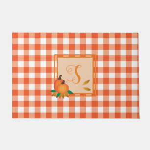 Orange Gingham Pattern Fall Monogram Doormat Fußmatte