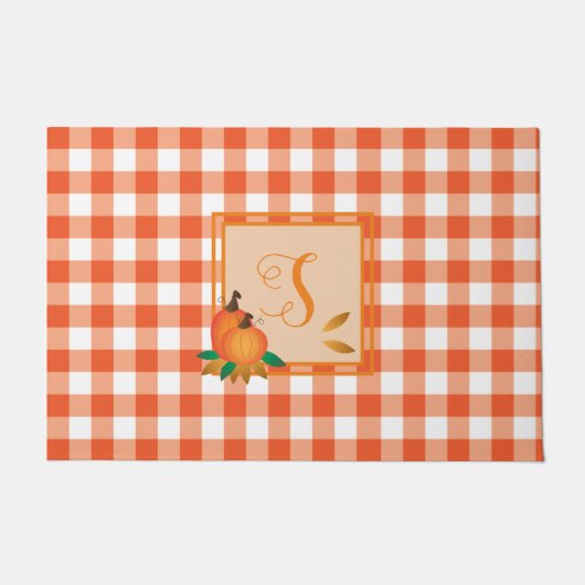 Orange Gingham Pattern Fall Monogram Doormat Fußmatte (Vorderseite)
