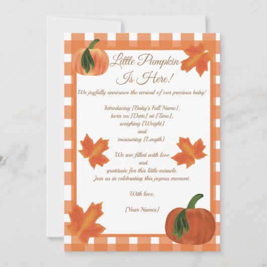 Orange Gingham Pumpkin Birth Ankündigung (Vorderseite)