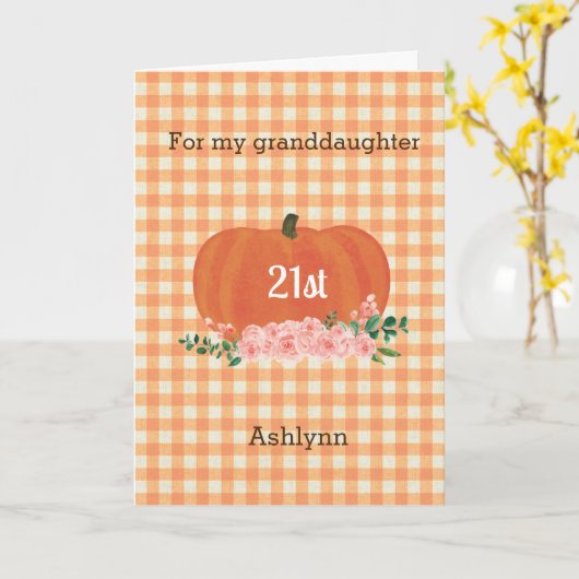 Orange Gingham Pumpkin Fall Birthday Grandtochter Karte (Gelbe Blume)