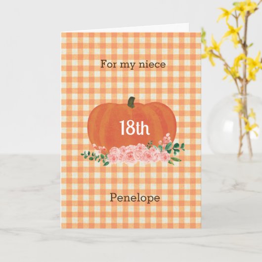 Orange Gingham Pumpkin Fall Birthday Niece Karte (Gelbe Blume)
