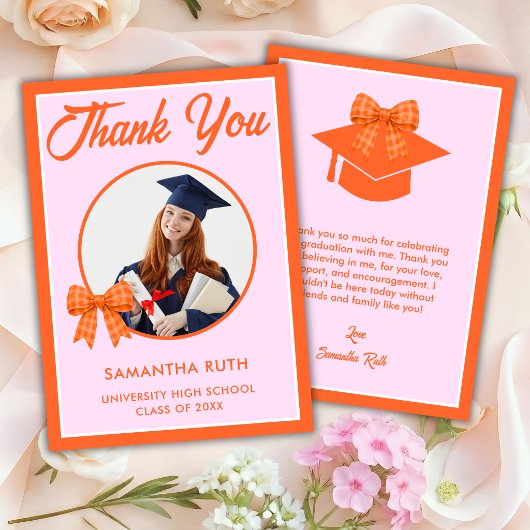 Orange Gingham-Schleife Foto-Abschluss Dankeskarte