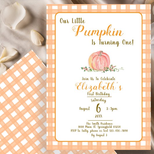 Orange Gingham Unser kleiner Pumpkin erster Geburt Einladung