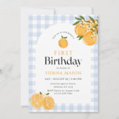 Orange Gingham-Zitrus 1. Geburtstag Einladung (Vorderseite)