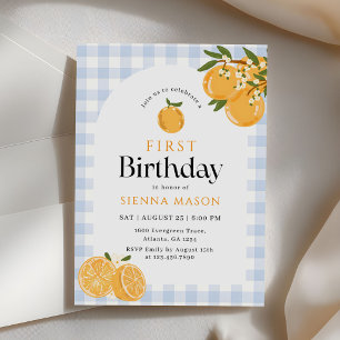 Orange Gingham-Zitrus 1. Geburtstag Einladung