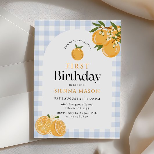 Orange Gingham-Zitrus 1. Geburtstag Einladung
