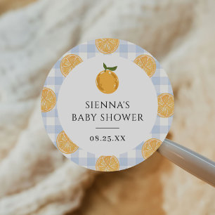 Orange Gingham Zitrus Baby Shower Runder Aufkleber
