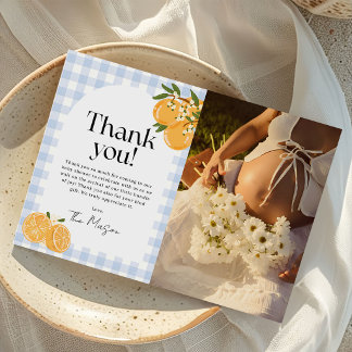 Orange Gingham-Zitrus-Babyparty-Foto Dankeskarte