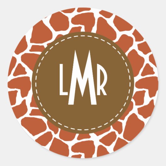Orange Giraffe Muster Monogramm Runder Aufkleber (Vorderseite)