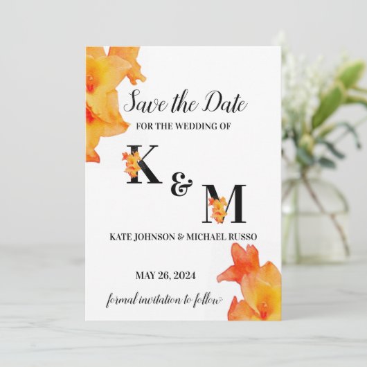 Orange Gladiolus Blume Wasserfarbe Save The Date (Stehend Vorderseite)