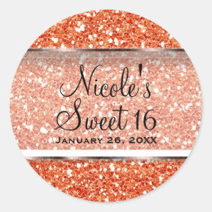 Orange Glitter Glam Sweet 16 Benutzerparty-Geschen Runder Aufkleber