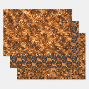 Orange Glitter Totenkopf Halloween Muster Geschenkpapier Set