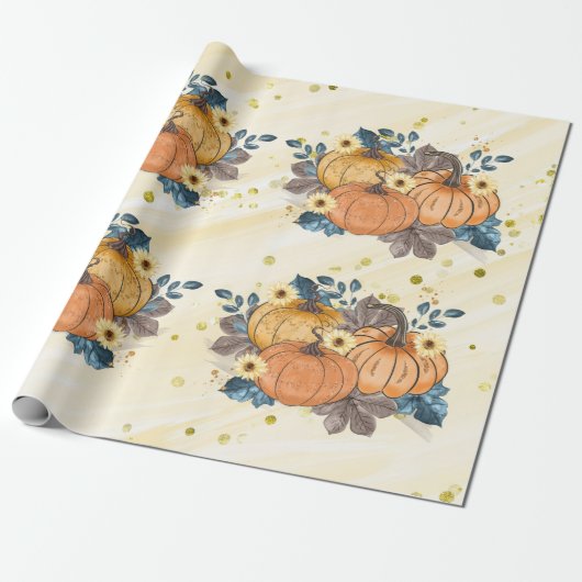 Orange Glittery Pumpkins auf Glittergelb Dank Geschenkpapier (Ungerollt)