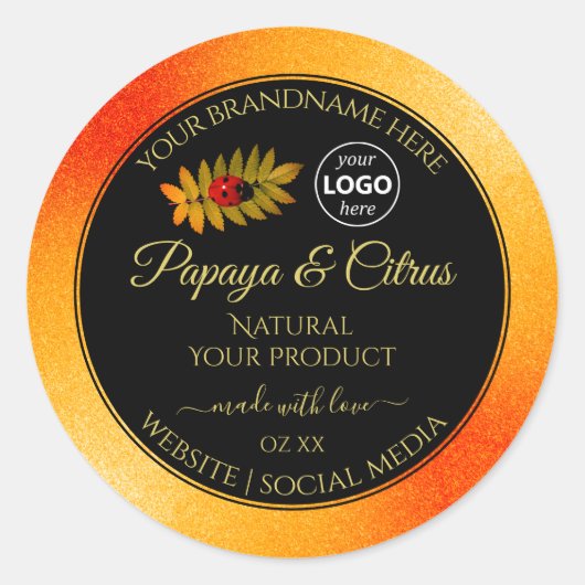 Orange Glitzer Black Product Labels Ladybug Logo Runder Aufkleber (Vorderseite)