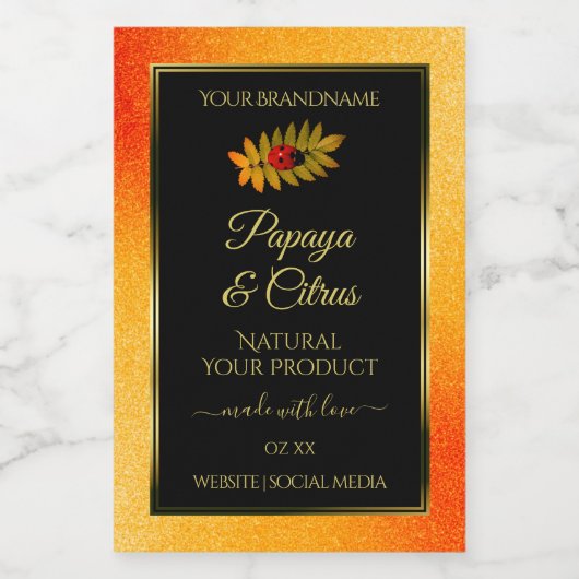 Orange Glitzer Black Product Labels mit Ladybug Lebensmitteletikett (Einzelnes Label)