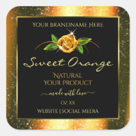Orange Glitzer Black Product Labels Rose Blume Quadratischer Aufkleber