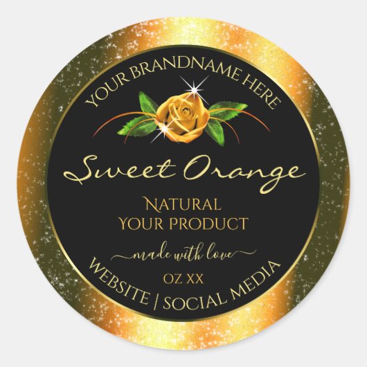 Orange Glitzer Black Product Labels Rose Blume Runder Aufkleber (Vorderseite)