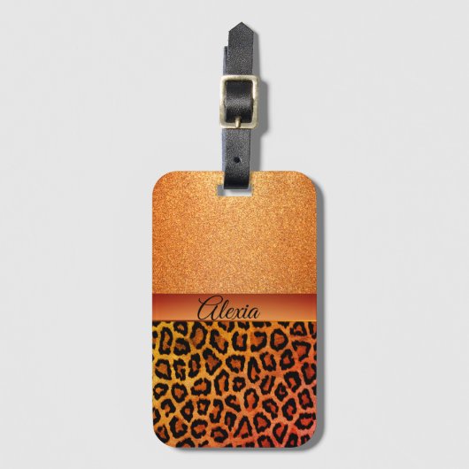 Orange Glitzer Exotic Leopard Print Personalisiert Gepäckanhänger (Vorderseite Vertikal)