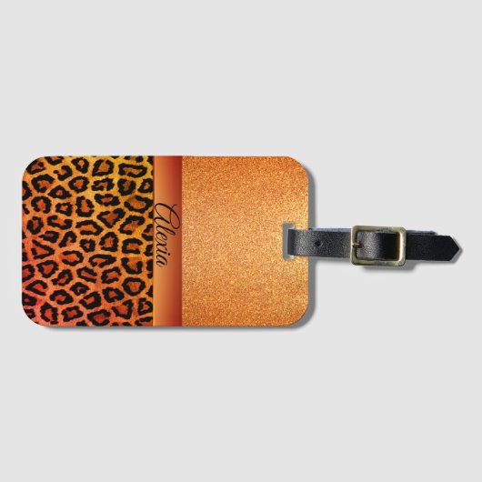 Orange Glitzer Exotic Leopard Print Personalisiert Gepäckanhänger (Vorderseite (Horizontal))
