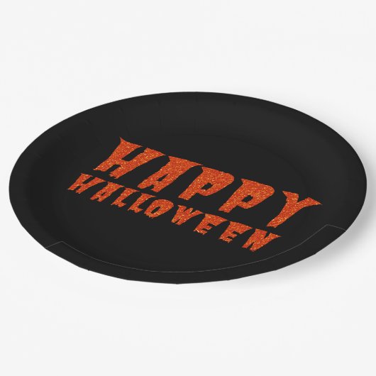 Orange Glitzer Happy Halloween Paper Plate Pappteller (Schrägansicht)