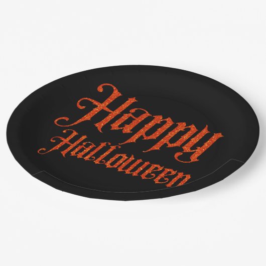 Orange Glitzer Happy Halloween Paper Plate Pappteller (Schrägansicht)