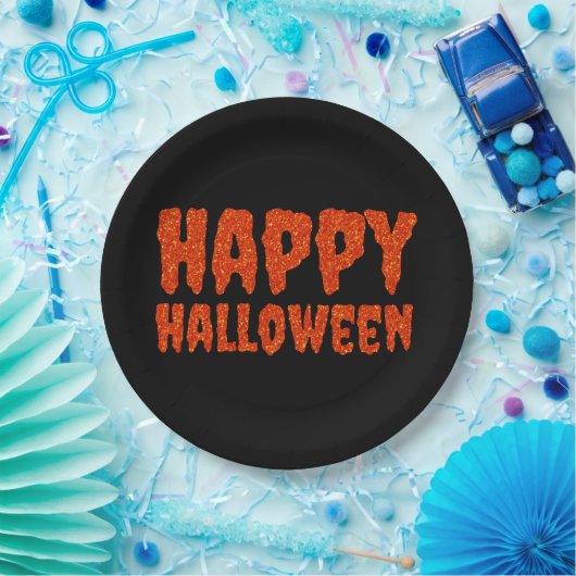 Orange Glitzer Happy Halloween Paper Plate Pappteller (Party)