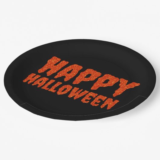 Orange Glitzer Happy Halloween Paper Plate Pappteller (Schrägansicht)