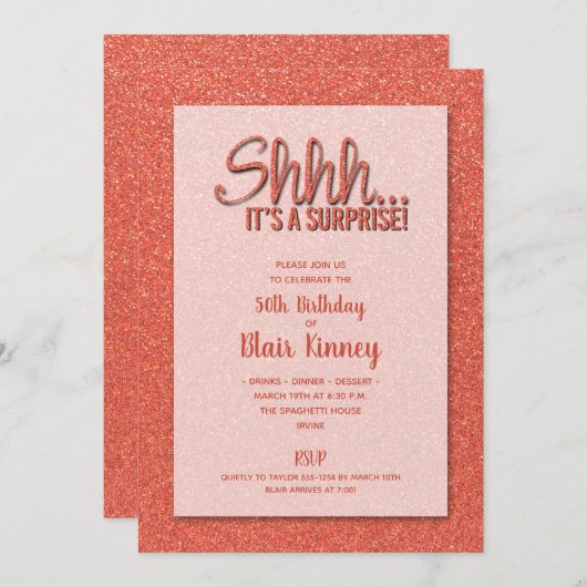 Orange Glitzer SURPRISE Geburtstag Einladung (Vorne/Hinten)