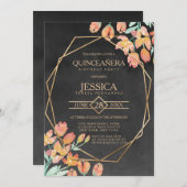 Orange Gold Black Floral Terrarium Quinceañera Einladung (Vorne/Hinten)