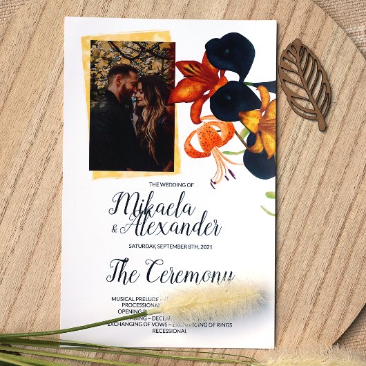 Orange, Gold, Blaue Calla Lilien Hochzeitsprogramm