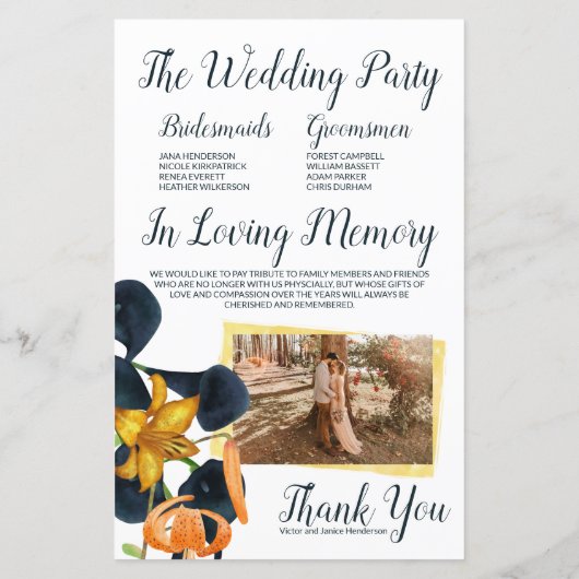 Orange, Gold, Blue Calla Lilies Wedding Program (Rückseite)