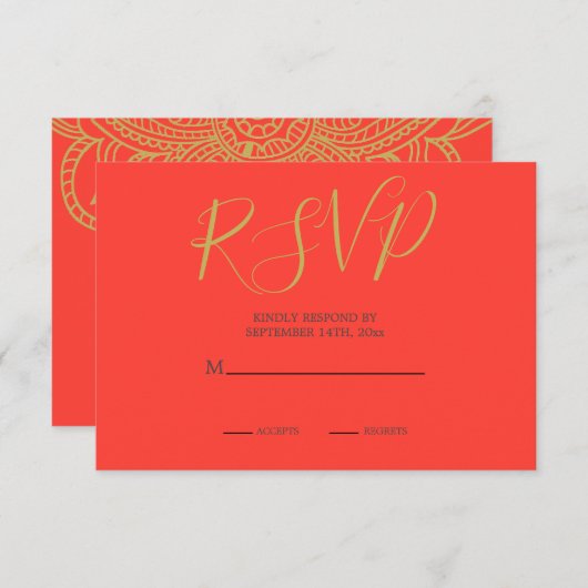 Orange Gold Farbe Moderne Hochzeit im indischen St Begleitkarte (Vorne/Hinten)