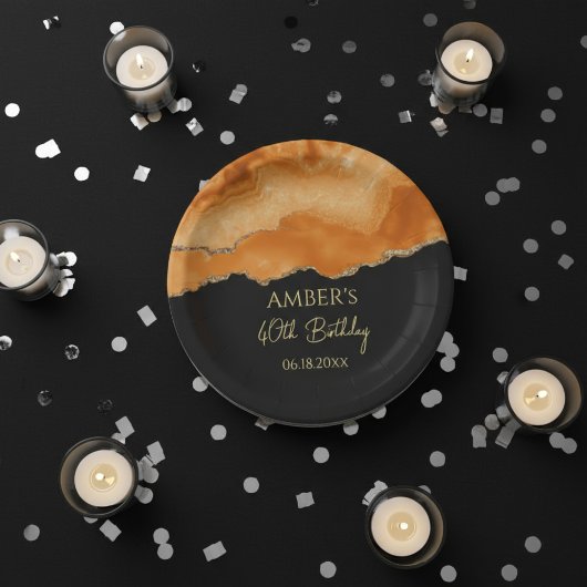 Orange Gold Glitter  Watercolor Marble Pappteller