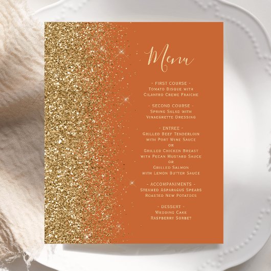 Orange Gold Glitzer Hochzeitsmenü mit Budget Burnt