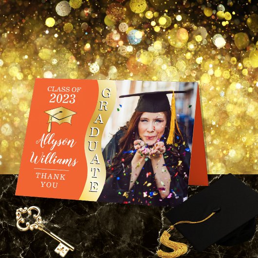 Orange | Gold Graduate Wave Grad Cap Foto Dankeskarte