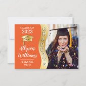 Orange | Gold Graduate Wave Grad Cap Foto Dankeskarte (Vorderseite)