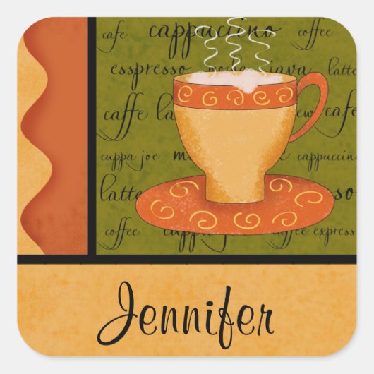 Orange Gold Green Coffee Cup Art Individuelle Name Quadratischer Aufkleber (Vorderseite)