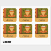 Orange Gold Green Coffee Cup Art Individuelle Name Quadratischer Aufkleber (Blatt)
