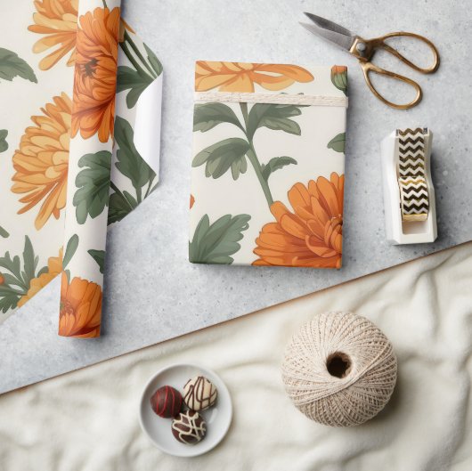 Orange Gold Herbst Marigolds Foliage Muster Geschenkpapier (Kunsthandwerk)