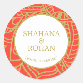 Orange Gold Moderne Hochzeit im indischen Stil Runder Aufkleber