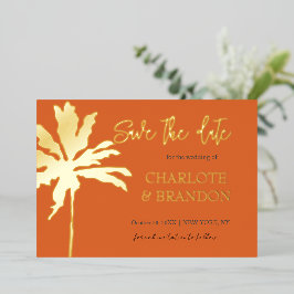 Orange Gold Palm Tree Beach Hochzeit Save the Date Folieneinladung