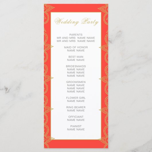 Orange Gold Pattern Wedding Program im indischen S Programm (Rückseite)
